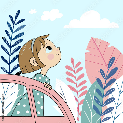  Whimsical Illustration of a Happy Girl Enjoying the Outdoors from a Car Window with Colorful Foliage