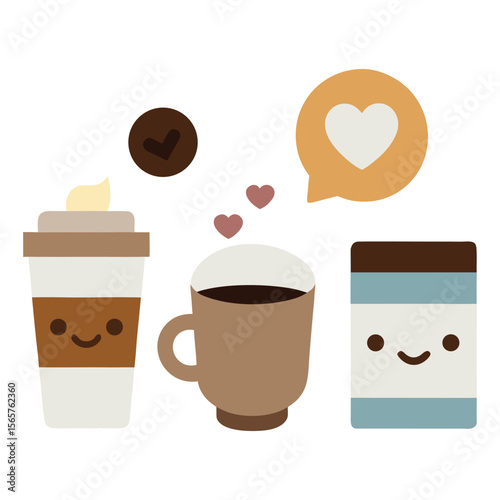 Set of coffee drinks. Cups with hot drinks and beverages. Cappuccino and mochaccino, latte ,