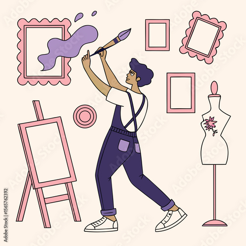 Creative Artist Painting with Easel and Frames