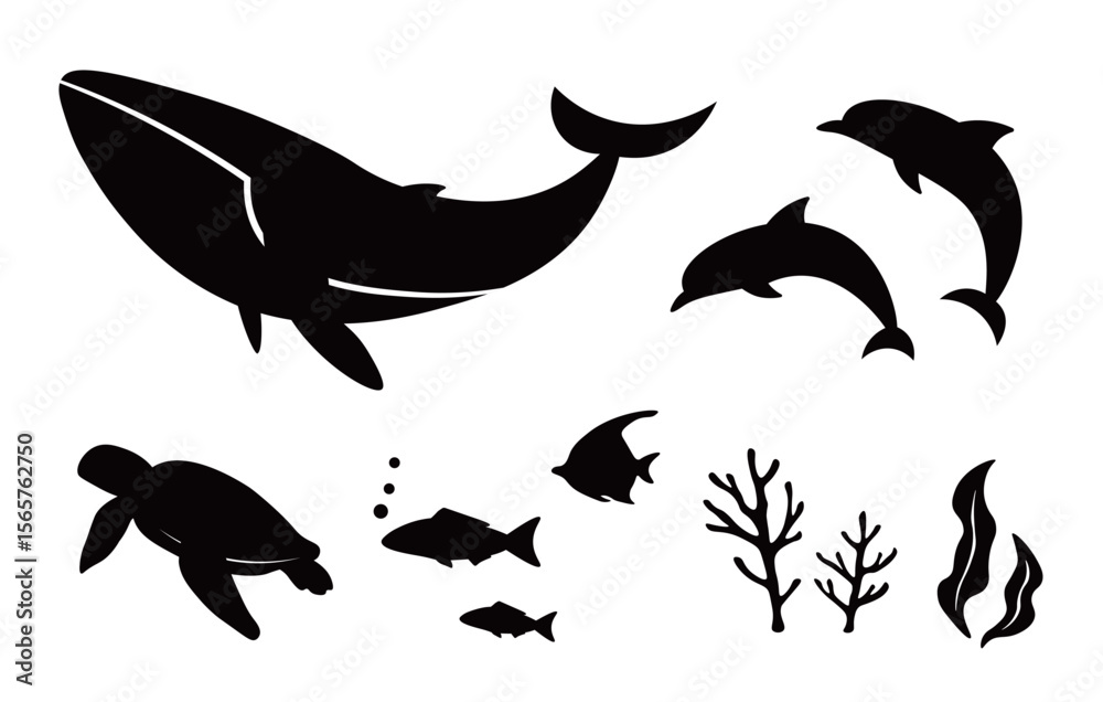 Obraz premium Ocean and Sea Life Vector Icons – Marine Silhouette Set