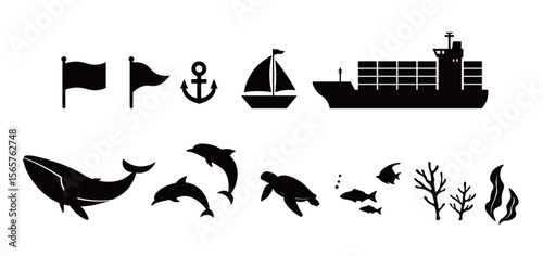 ocean, icon, sea, water, dolphin, nature, whale, marine, elements, blue, summer, turtle, fish, abstract, graphics, beach, coral, gradient, set, sign, silhouette, tropical, design, life, wildlife, logo