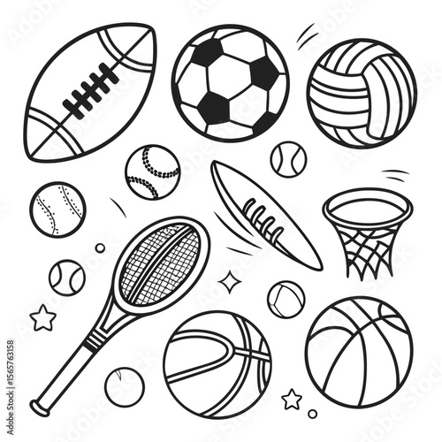 Comprehensive Collection of Hand-Drawn Black and White Sports Balls and Equipment