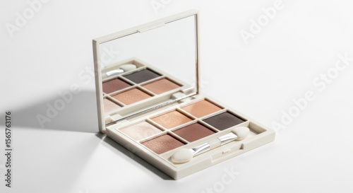 Neutral Toned Eye Shadow Palette with Mirror and Applicator on White Background