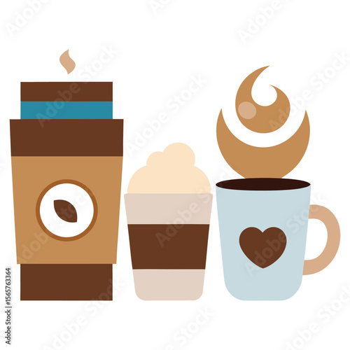 Set of coffee drinks. Cups with hot drinks and beverages. Cappuccino and mochaccino, latte ,