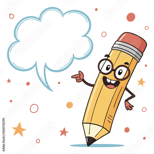: Cheerful Cartoon Pencil Character with Speech Bubble