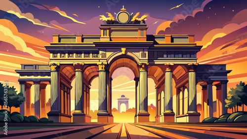 At Cinquantenaire Park in Brussels, the grand triumphal arch glows golden at dusk, surrounded by families on sprawling lawns.