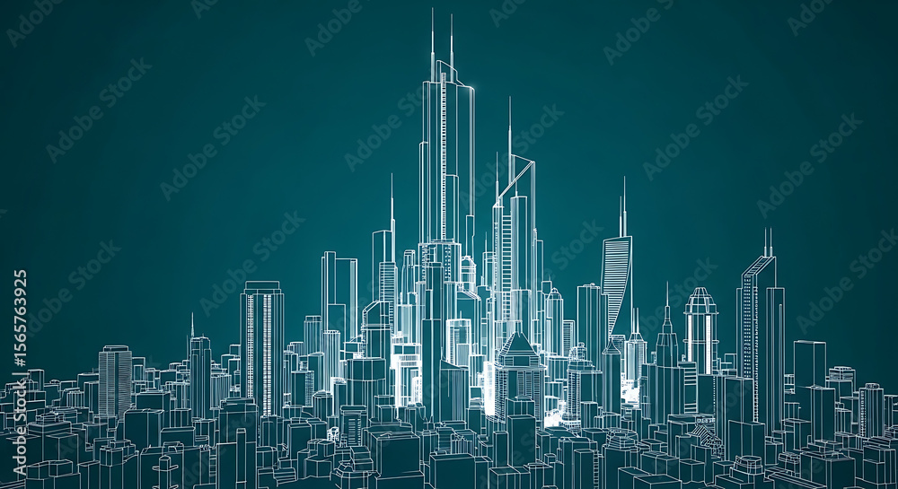 Obraz premium Futuristic city skyline rendered in wireframe, showcasing towering skyscrapers and urban density.