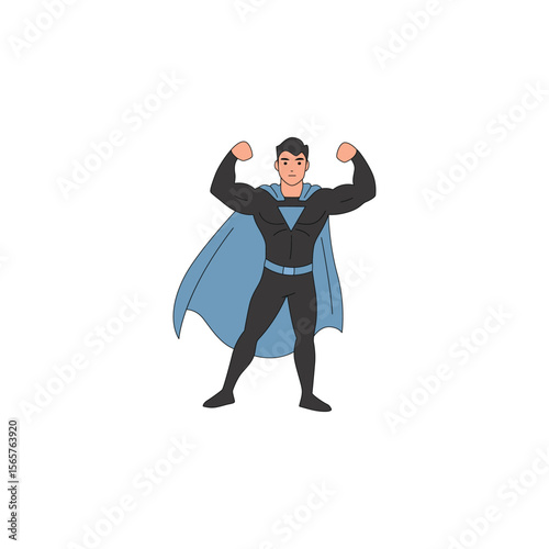 An icon of a superhero in a black suit and blue cape, flexing both biceps, demonstrating immense strength and power.