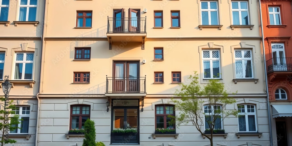Fototapeta premium Upscale Swedish apartment building exterior, showcasing classic architecture, modern, home