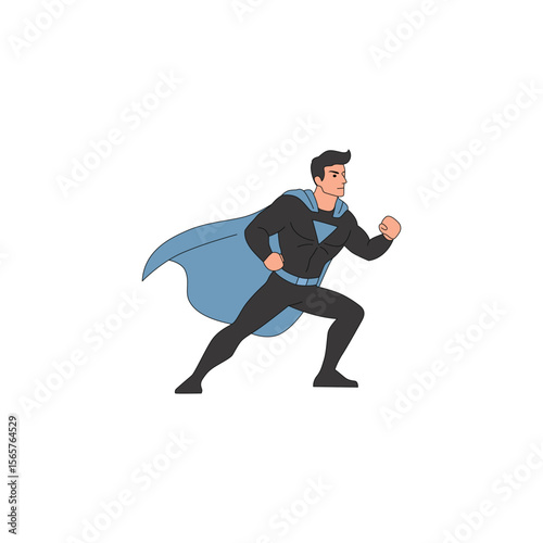 An icon of a superhero in a black suit and blue cape, in a dynamic running or charging pose, conveying speed and momentum.
