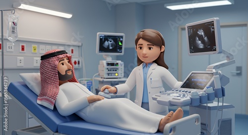 Compassionate female doctor performs an ultrasound scan on a male patient in a modern hospital setting.