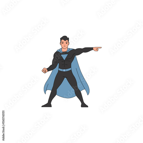An icon of a superhero in a black suit and blue cape, pointing strongly forward, indicating direction, leadership, or command.