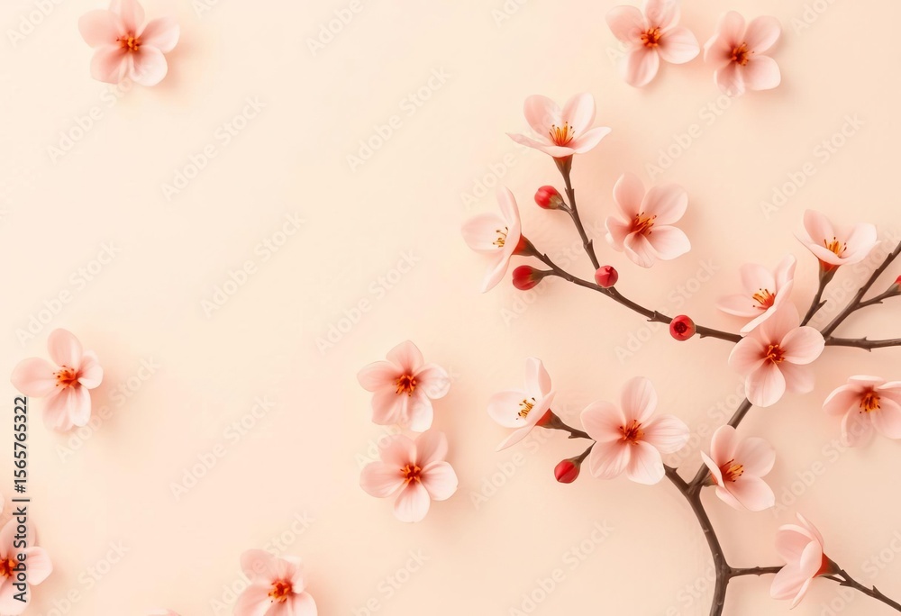 Fototapeta premium Subtle, repeating peach blossom pattern on a soft, textured background, wallpaper, background