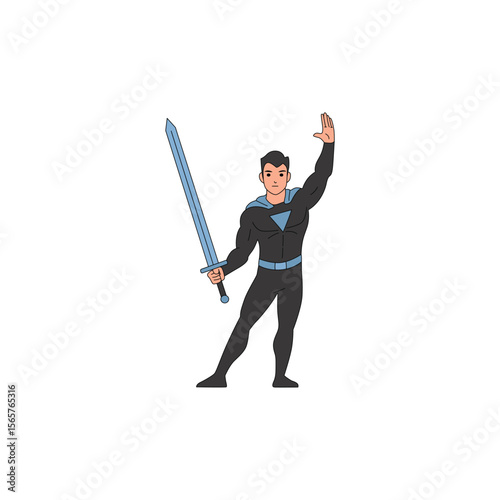 An icon of a superhero in a black suit and blue cape, holding a blue sword aloft in a triumphant or attacking pose.