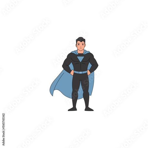 An icon of a superhero in a black suit and blue cape, standing with hands on hips, showcasing power, authority, and calm readiness.