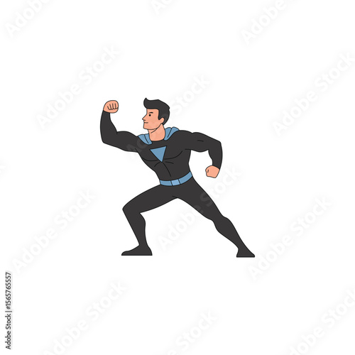 An icon of a superhero in a black suit and blue cape, crouched slightly with one fist raised and the other arm back, in a dynamic fighting stance.