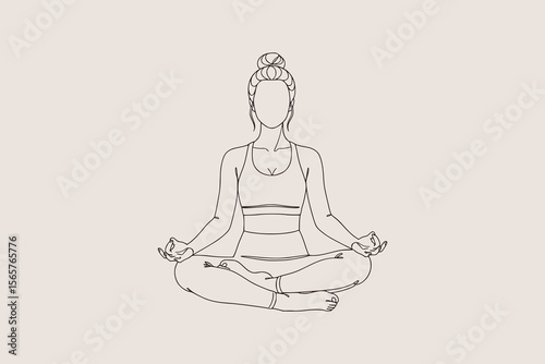Minimalist line art illustration of a woman meditating in lotus yoga pose for wellness and mindfulness themes. Vector Illustration