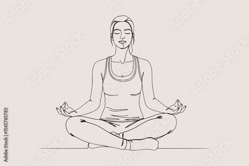 Line drawing of a relaxed woman in a cross-legged yoga pose practicing meditation and self-care. Vector Illustration