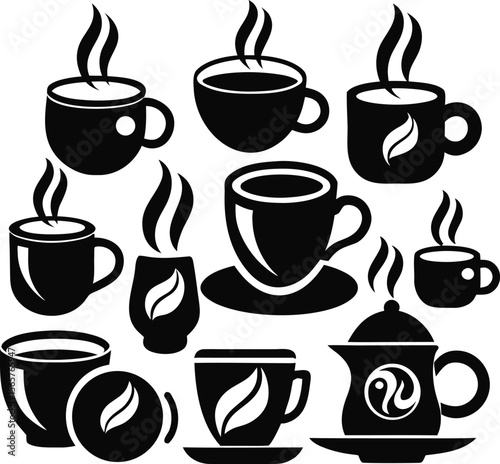 Collection of hot tea and coffee mug vector icons in minimal black silhouette style