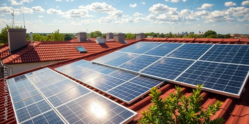 Solar panels on a rooftop generating clean energy, electricity, green energy