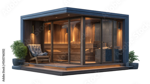 Modern wooden sauna cabin with glass walls and cozy seating isolated on transparent background
