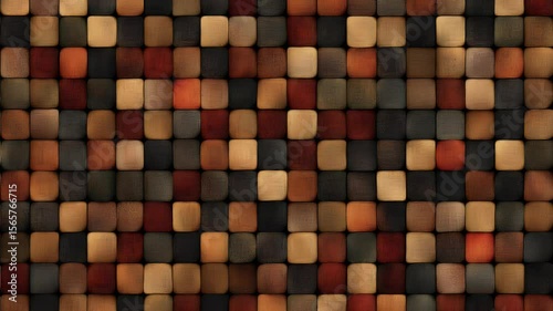 Abstract geometric pattern with textured square tiles in various earth tones including brown orange and gray arranged in a grid composition for background use