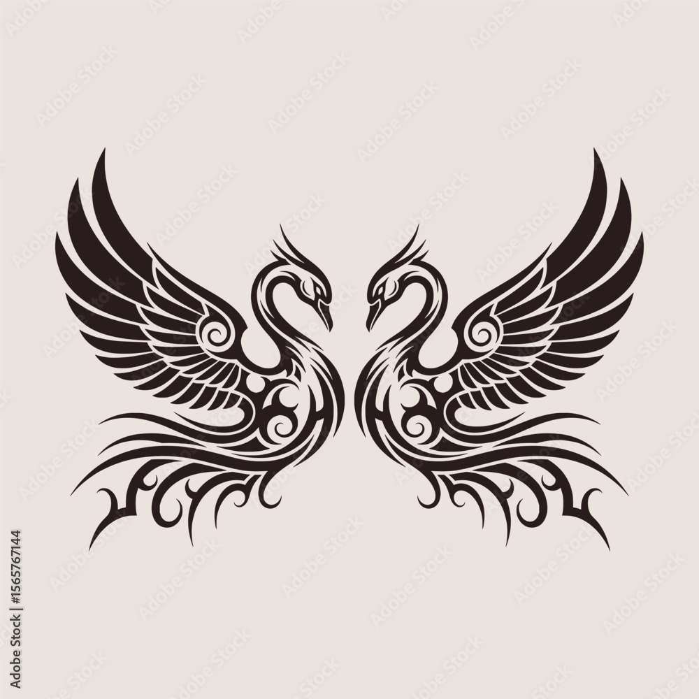 Fototapeta premium Two symmetrical fantasy birds with wide open wings in decorative tattoo style - Vector Illustration