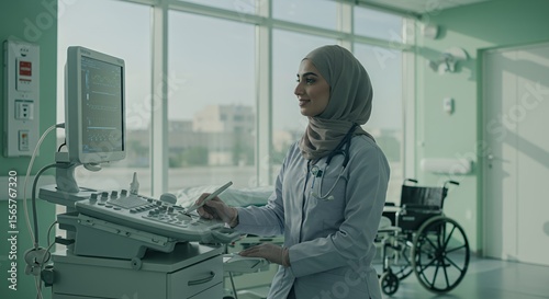 A Muslim female doctor uses medical imaging equipment in a modern hospital, showcasing healthcare and cultural diversity.