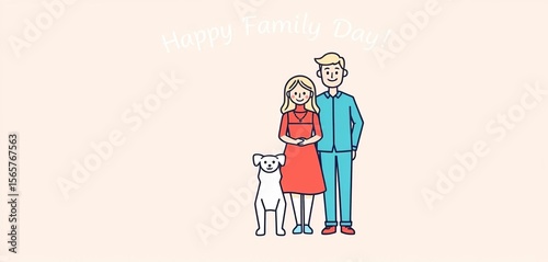 Simple line art icon of a family with a pet dog or cat, celebrating Family Day,  vector,  design