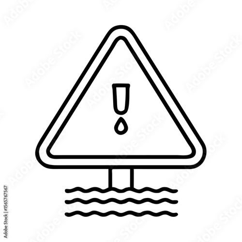 Warning sign icon with exclamation mark above water ripple, indicating sewage system overflow or plumbing problem concept, vector outline symbol