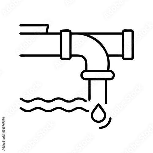 Wastewater discharge pipe pouring liquid into water with a droplet. Sewage system and pollution concept. Vector illustration, icon for app, web.