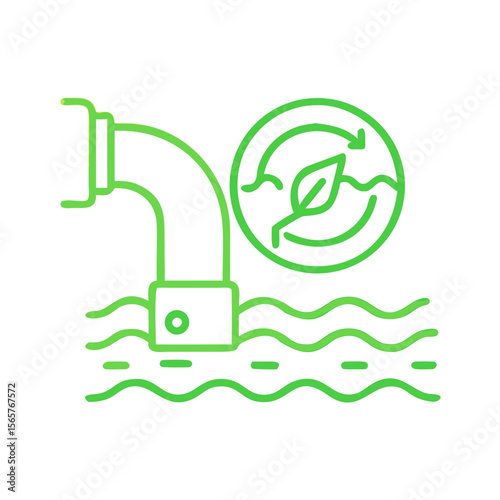 Green gradient pipeline draining into wavy water with a clear circle showing a leaf and arrows inside, symbolizing eco friendly water recycling. Vector icon