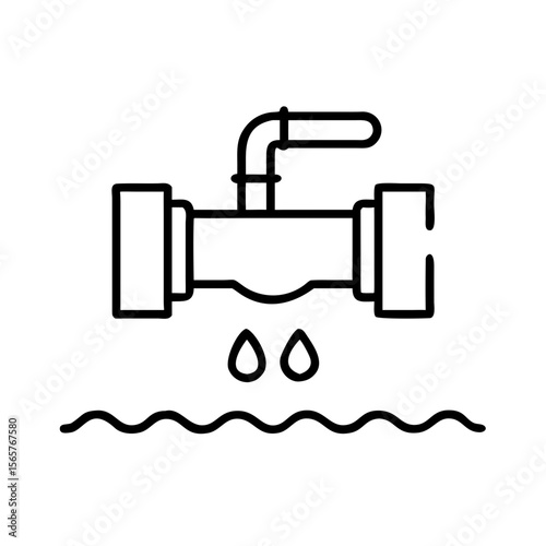 Leaking sewage pipe with falling drops into water, representing a problem or pollution in a sewer system. Outline vector icon