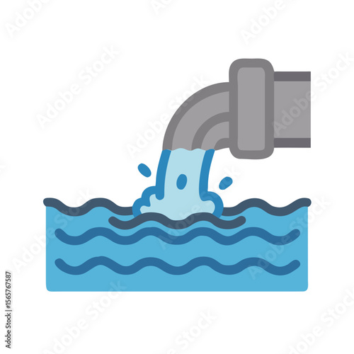Sewage pipe discharging liquid waste into water body. Wastewater and drainage system concept. Flat style vector icon for application interface design