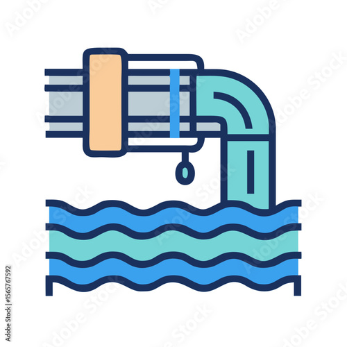 Leaking water pipe icon with water flowing into wavy surface. Sewage system symbol, Plumbing problem concept. Outline colorful vector illustration for web, app, infographic