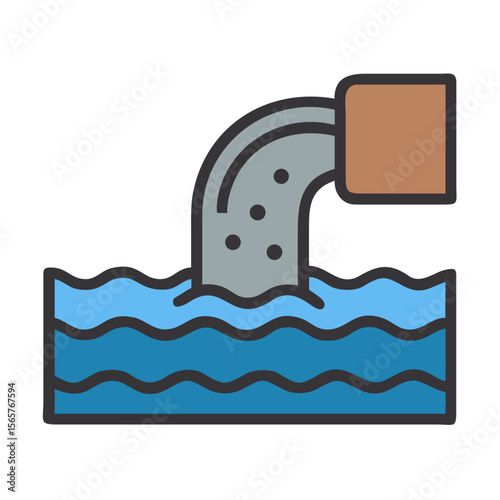 Dirty water pouring from a pipe into a body of water with waves. Sewage system discharge concept. Vector icon for environmental design, infographic