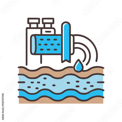 Water filtration purification system with pump, pipe and liquid above ground. Water treatment process. Flat vector icon for sewage system