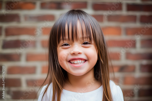 girl with down syndrome standing smiling outside a kindergarden