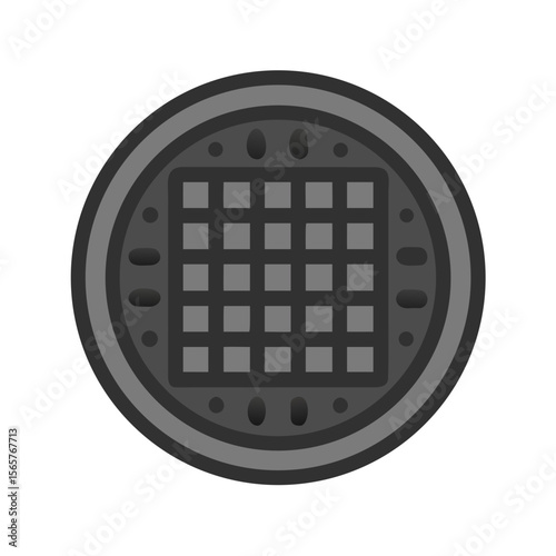 Round metal manhole cover with grate pattern. Sewage system and urban infrastructure concept. Vector icon for construction, street.