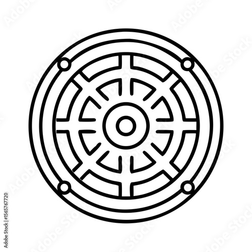 Round manhole sewer cover with geometric pattern. Drainage system or underground utility access concept. Vector outline icon
