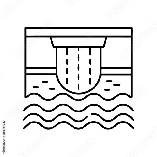 Wastewater flowing from a pipe into a body of water within a sewage system, representing pollution. Vector line art icon for environmental concept