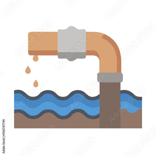 A pipe leaking water into a body of water, representing pollution or a sewage system outflow. Flat color vector icon for nature and environment concept