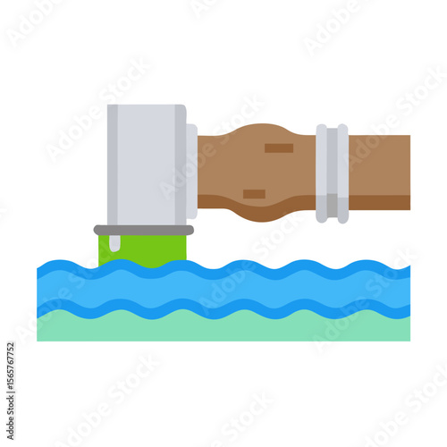 Drain pipe or sewer spewing green toxic waste into polluted blue water. Industrial discharge waste pollution concept vector icon