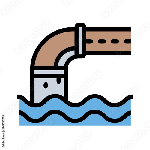 Sewer pipe discharging sewage liquid to water body pollution concept. Flat color vector icon for environment, industry, ecology, and wastewater design