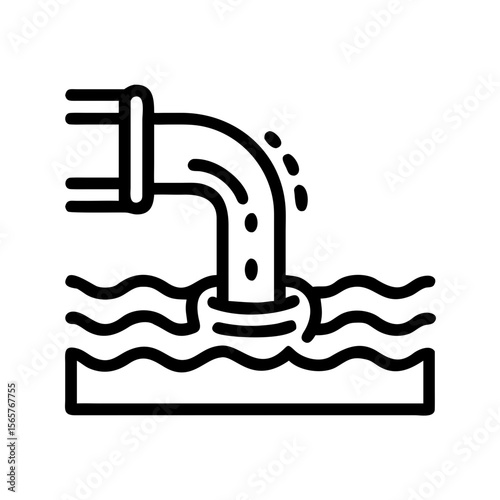 Pipe pouring water into body of water. Sewage pollution system concept. Outline style. Vector icon for app, web or display