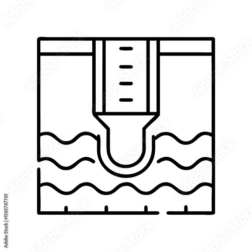 Sewage system outline icon. Drainpipe releasing liquid into an underground reservoir or septic tank symbol. Vector illustration for design, web, app