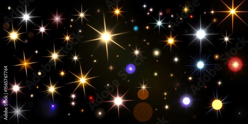 Shimmering stars, flashing lights, glowing orbs, and lens flares create a dynamic light effect collection on a black backdrop,  celestial,  light leaks