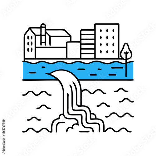 City buildings discharging polluted water into a river or sea. Environmental pollution concept. Vector illustration for ecology, urban or industry icon