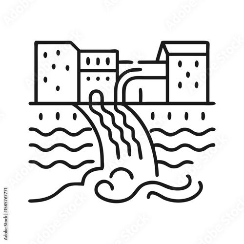 Water pollution from sewage building line icon. Emission of industrial waste into the river. Ecology problem. Vector clip art outline illustration for nature, environment.