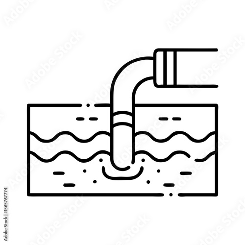 Water stream flowing from a pipe into a reservoir or ground. Wastewater disposal and sewage system concept. Vector icon in outline style